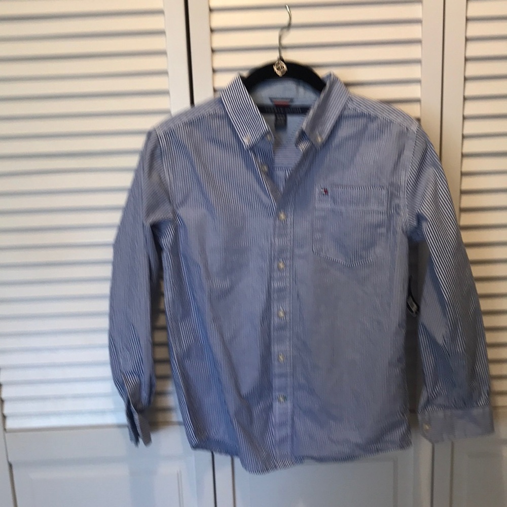 Tommy Hilfiger button‎ down Oxford blue & white stripes boys shirt size L NWT